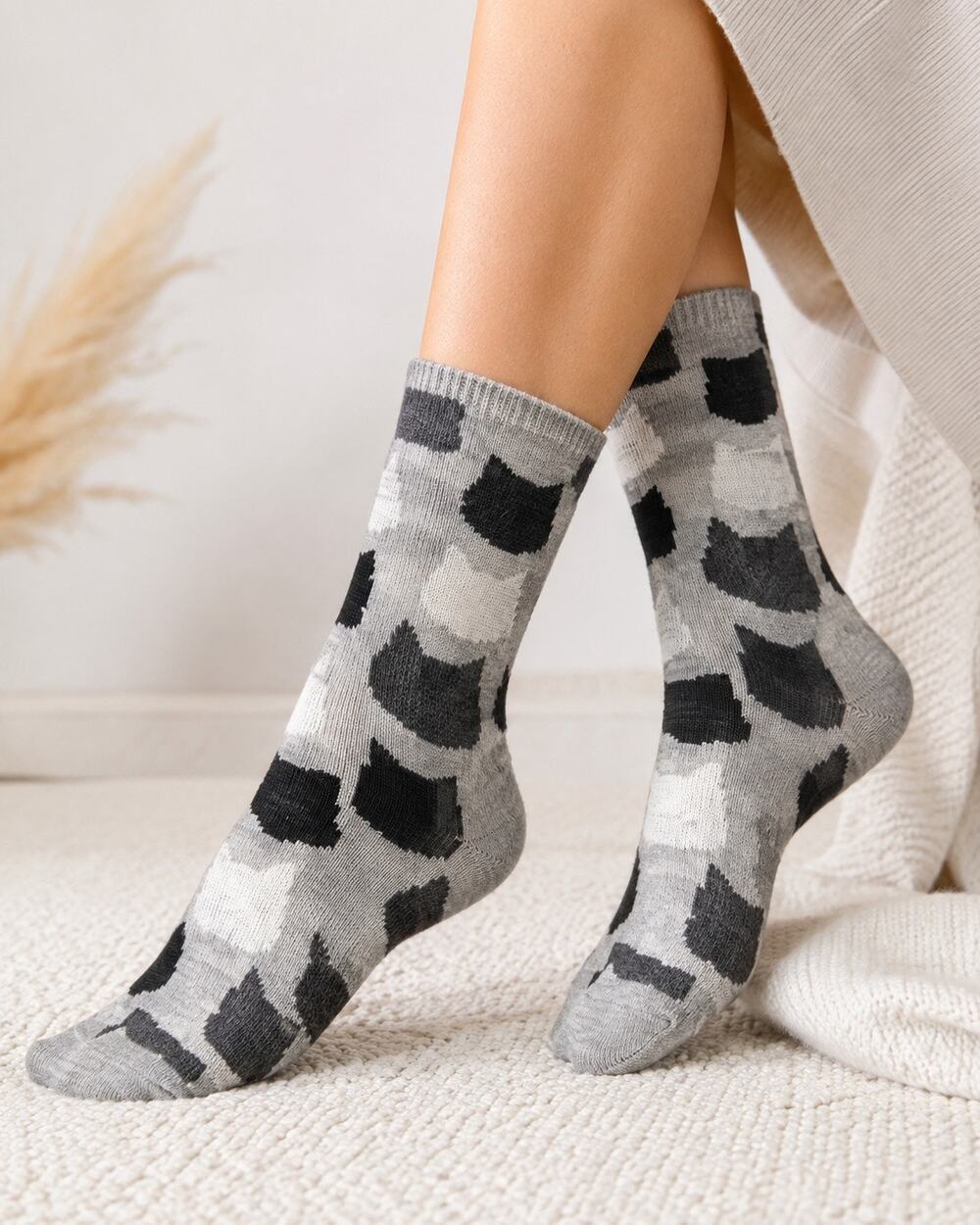 Alpaca Wool Cat Socks Gray Black Pattern Made in Peru Unisex Cozy Crew Socks
